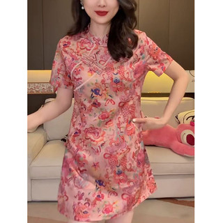 Bộ đồ mùa hè mới dành cho nữ: áo ngắn tay cổ đứng, in họa tiết satin, ôm eo và quần short cạp cao