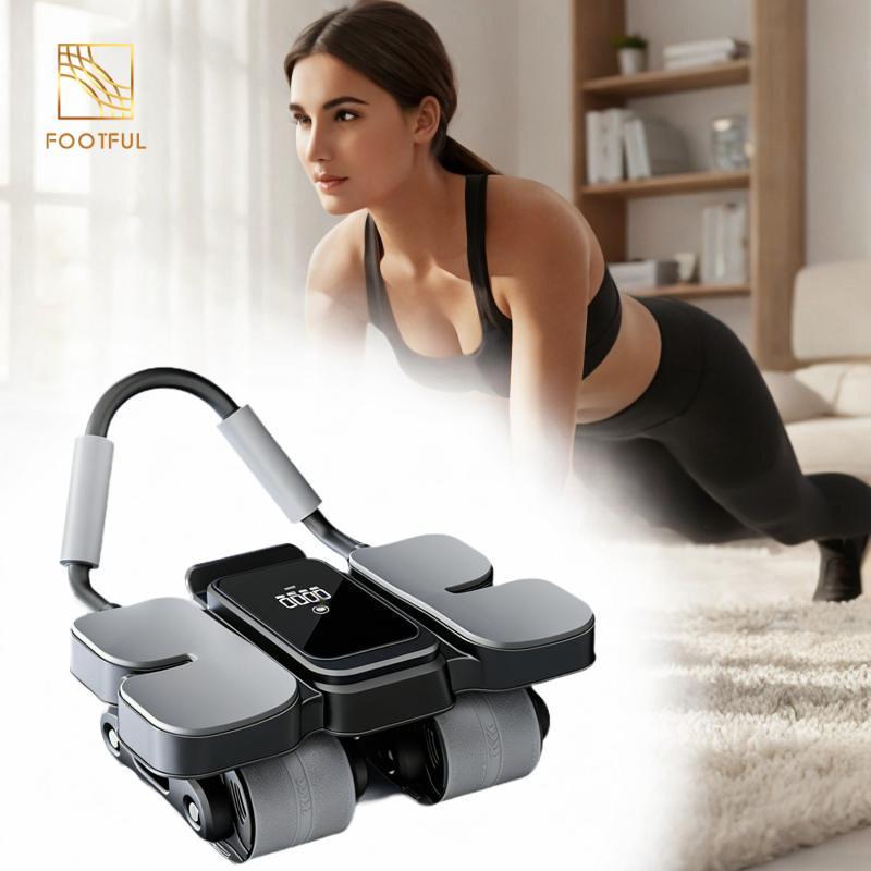 Thiết bị tập luyện bằng bánh xe lăn giúp tăng cường sức mạnh cơ bụng và có giá đỡ điện thoại để dùng tại nhà.