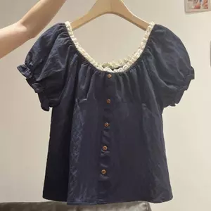 Mùa hè khuyến mãi: Sơ mi ngắn tay phong cách retro Pháp, cổ chữ V ren, dáng slimmer thời thượng