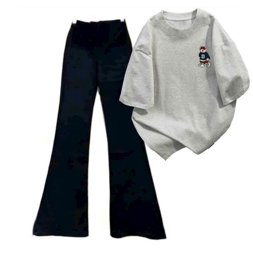 Sét bộ nữ quần ống loe + và áo phông GẤU CHỮ B form rộng unisex