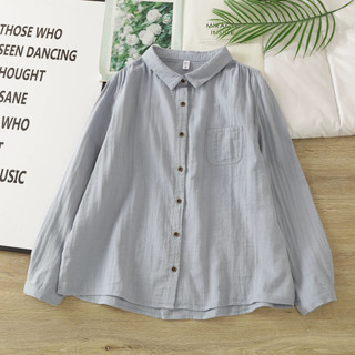 Áo sơ mi nữ thanh lịch phong cách Nhật Bản, chất liệu cotton nguyên chất, dáng dài tay
