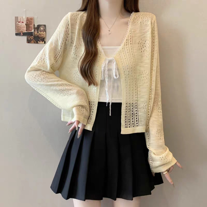 SUXI Mùa hè mới dành cho nữ màu trơn nhẹ nhàng đơn giản Áo dệt kim buộc dây đơn giản 260415
