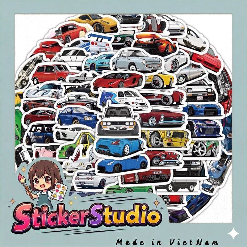 60 sticker siêu xe chống nước tốt trang trí dán mũ bảo hiểm xe đạp dụng cụ học tập