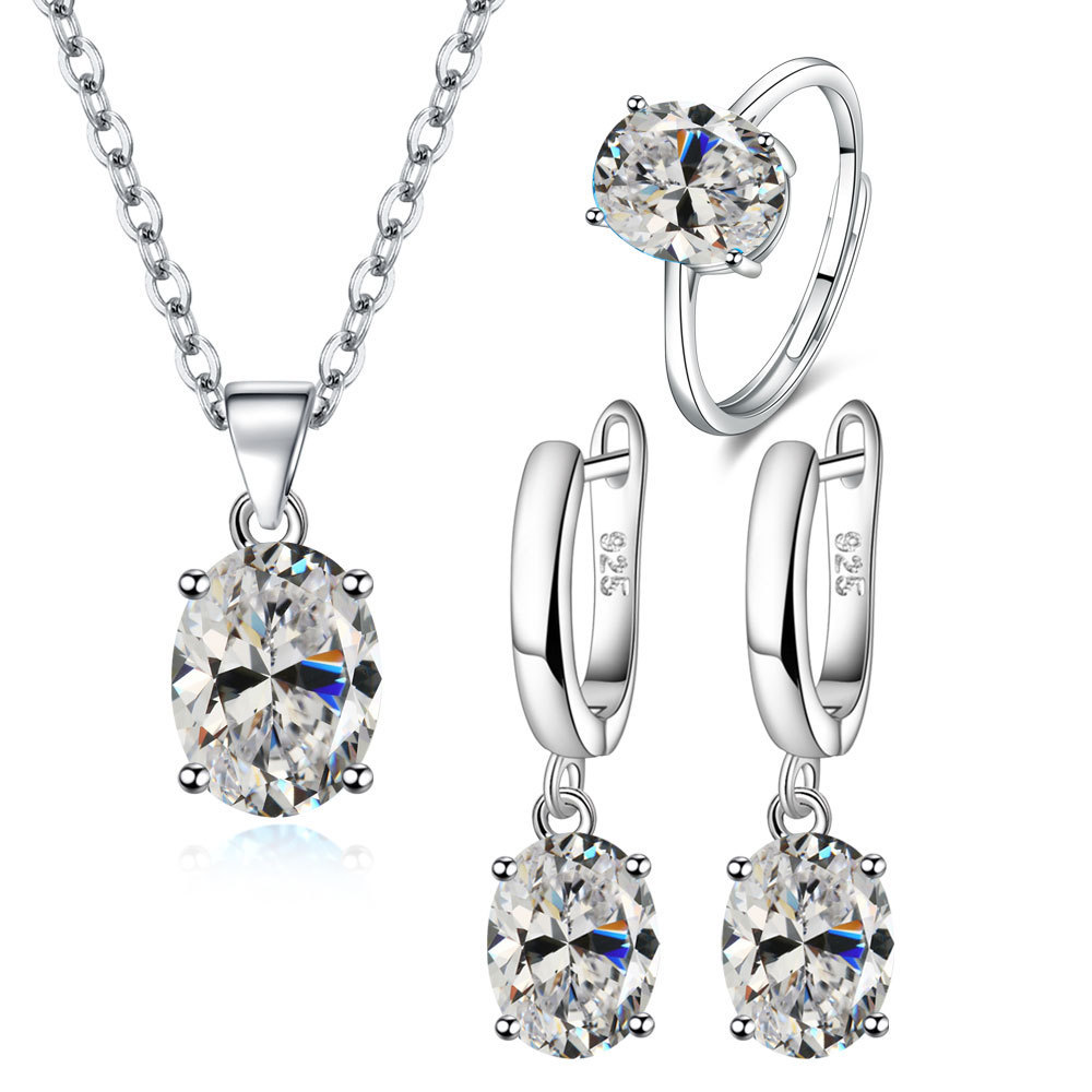 Bộ trang sức bạc 925 nữ với thiết kếellipse zircon, gồm vòng cổ và bông tai sang trọng