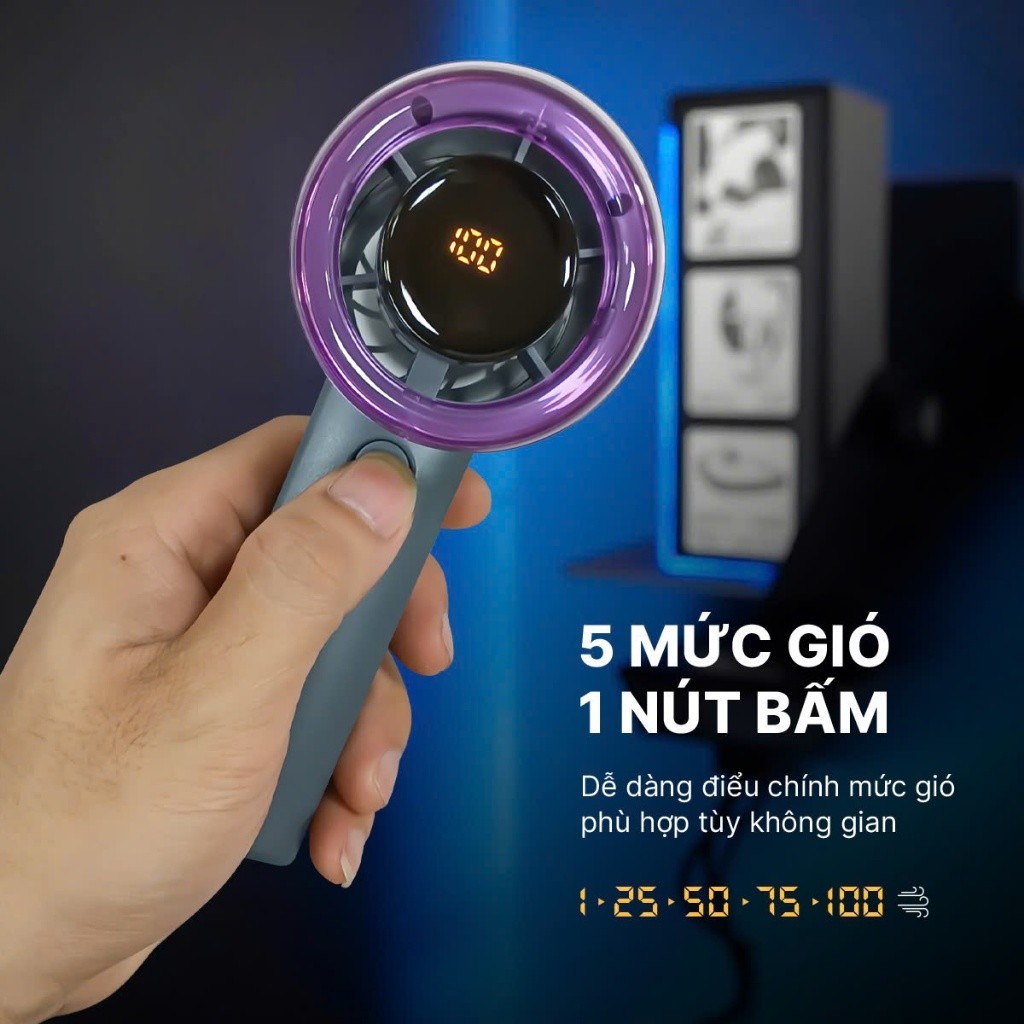 Quạt cầm tay mini màn hình LED, quạt tích điện FS20 pin 4200mAh, mang đi du lịch, đi học, đi làm