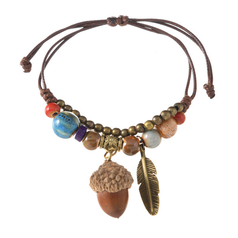 Vòng tay mori gốm được dệt tay từ tự nhiên với họa tiết thực vật và quả acorn, phong cách retro văn học mới dành cho nữ