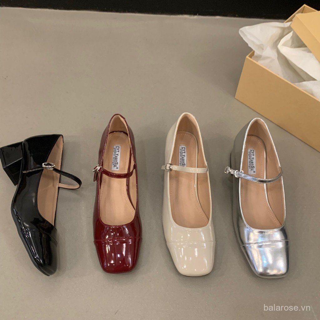 Chunky Gót Đỏ Khỏa Thân Giày Nữ 2023 Mùa Hè Mới Giữa Cao Gót Bạc Mary Jane Với Váy Ballet Dép Thuyền Giày