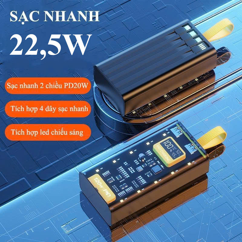 Pin dự phòng 50000mAh sạc nhanh 22.5W trong suốt kèm 4 dây sạc tiện lợi đèn LED chiếu sáng