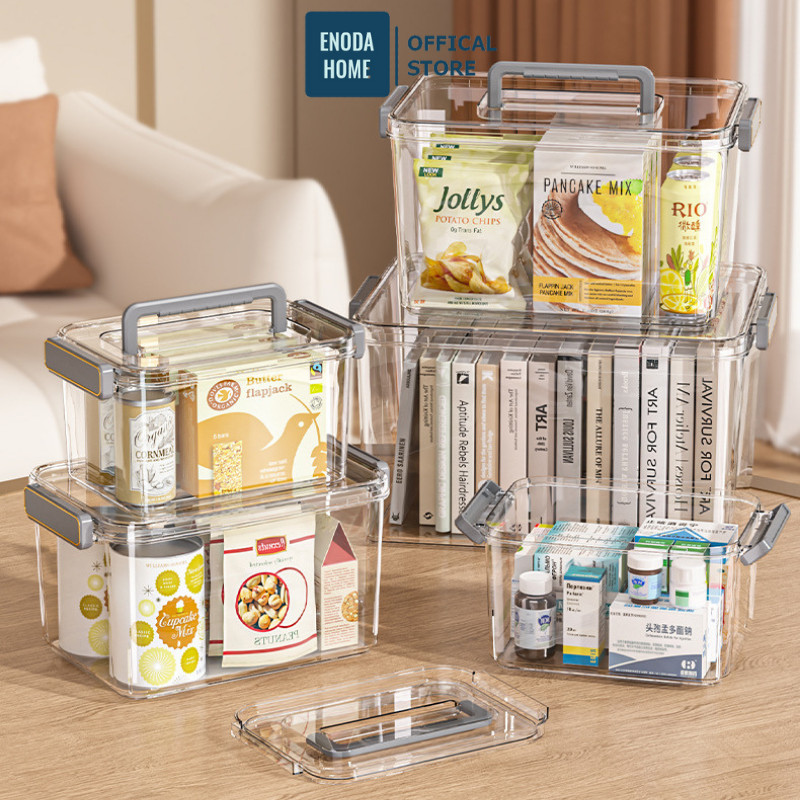 Hộp Nhựa PET Đựng Đồ Dung Tích Lớn ENODA HOME, Hộp Đựng Đồ, Lưu Trữ Đồ Đa Năng 4 Kích Thước Có Nắp Quai Cài Q520