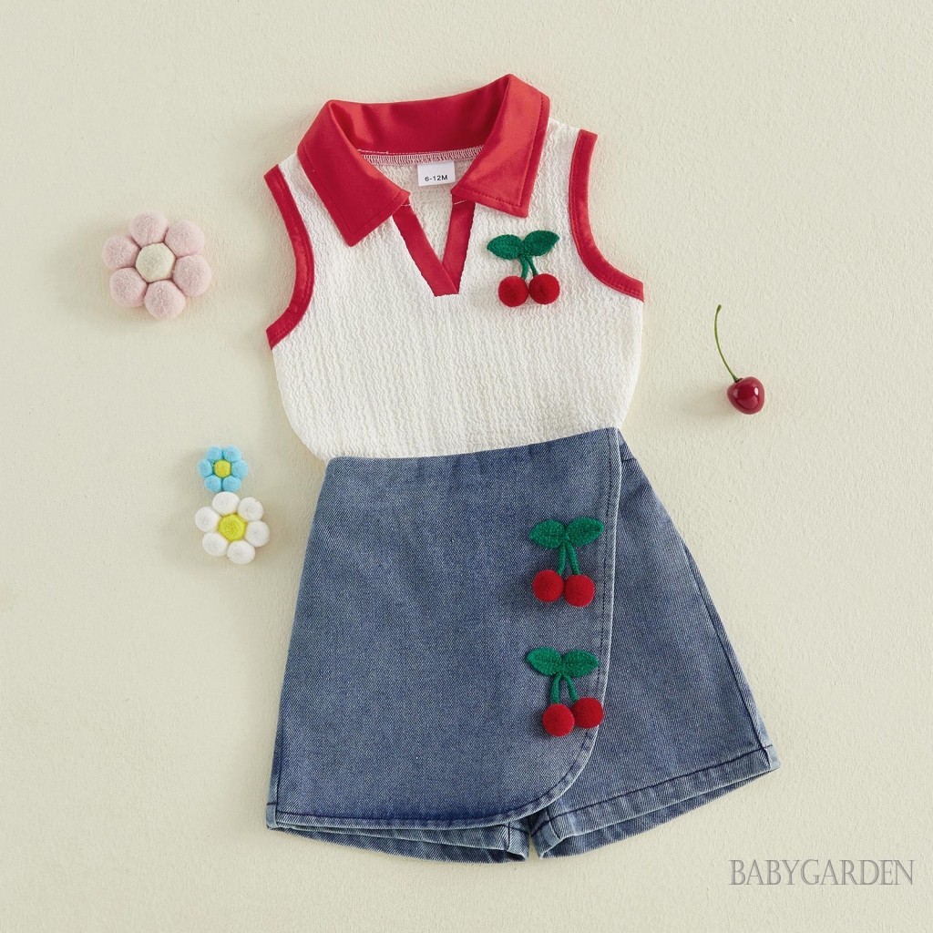 1-5 Tuổi Trẻ Em Bé Gái Mùa Hè 2 Bộ Anh Đào Trang Trí Ve Áo Cổ Chữ V Áo Áo Denim Skorts Trang Phục Cho Bé