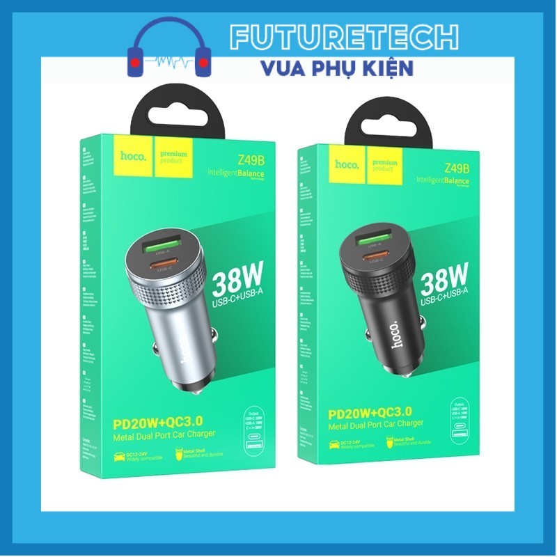 Tẩu sạc nhanh 38W Hoco Z49B dung cho ô tô, 2 cổng Type C + USB, PD20W + QC3.0, nhỏ gọn