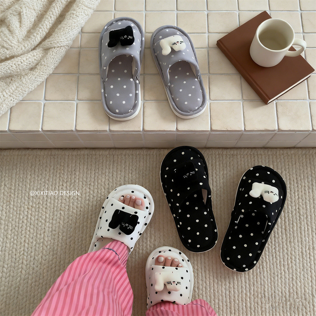 XIXITIAO Dép Nữ Cotton Đen Trắng Mèo Con Bốn Mùa Đa Năng Thoải Mái Nhà