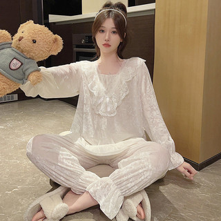 Bộ đồ ngủ dài tay cho nữ, áo ren phối nhung, cổ chữ V dày dặn, bộ đồ mặc nhà ngọt ngào