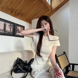 Nova-Áo Thun Ngắn Tay Ren Ren Đơn Giản Jacquard Phiên Bản Hàn Quốc