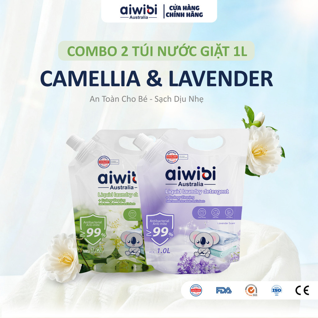[Combo 2] Nước Giặt Aiwibi Cho Bé Bảo Vệ Quần Áo Mềm Mại, Dịu Nhẹ - Hương Camellia & Lavender (1L)