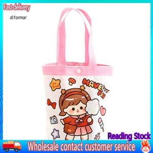 DI Túi vải trẻ em Mở túi trẻ em Túi Tote vải trẻ em Họa tiết hoạt hình dễ thương Túi mua sắm dã ngoại đi học có thể tái sử dụng với viền xanh hồng – dành cho trẻ em