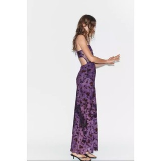 Đầm Zara made in Morocco ren voan hoa tím 2 dây midi lady quyến rũ