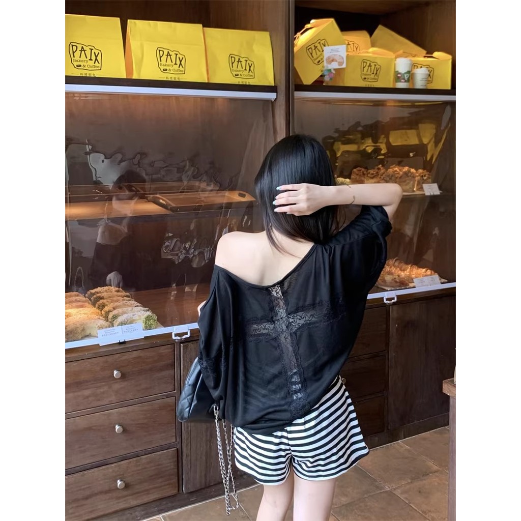 SUXI Mùa hè áo ren dài tay màu trơn nhẹ nhàng 260413