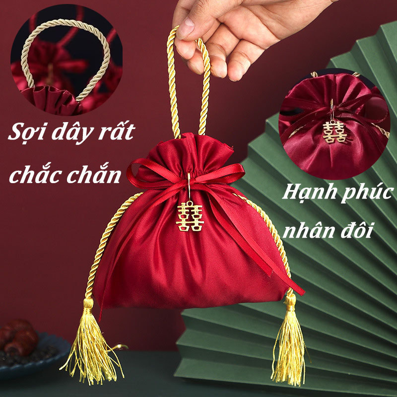 Túi Lụa Đỏ dây rút, Bộ 10 cái,16x17cm,đa dạng mẫu mã, phù hợp lễ cưới. Túi đựng kẹo quà, satin nhung