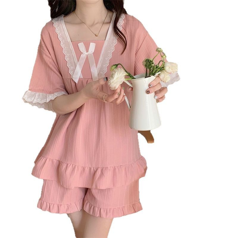 Ren Có Miếng Lót Ngực Bộ Đồ Ngủ Nữ Phù Hợp Với Cô Gái Dễ Thương Ngọt Ngào Ngắn Tay Quần Short Loungewear Có Thể Mặc Bên Ngoài