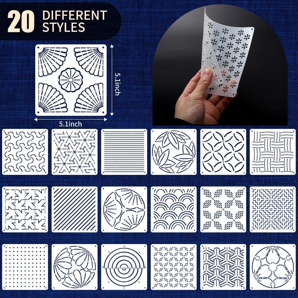 Kit stencil thêu hình học Sashiko, vật dụng may vá tái sử dụng