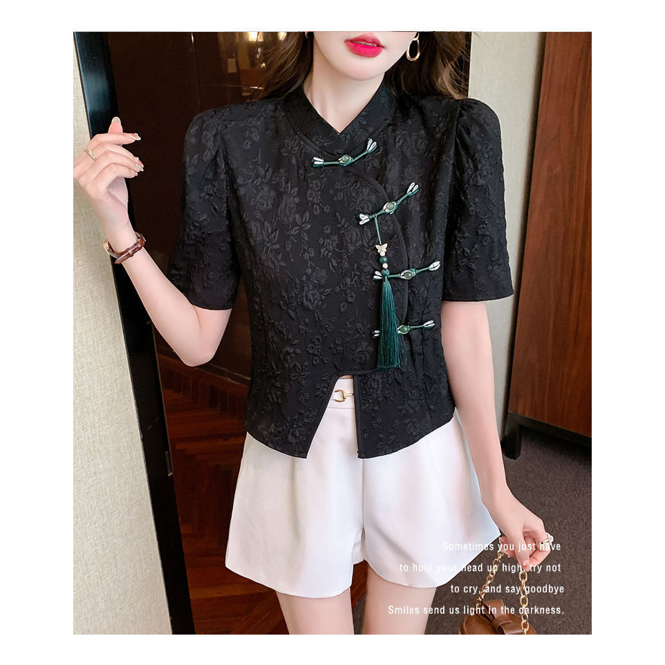 Áo sơ mi nữ cổ điển tay ngắn màu trắng trơn, style Trung Quốc