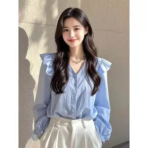 Áo sơ mi trắng cổ V tay bồng phong cách tiểu thư dài tay thiết kế độc đáo XIMI SP447
