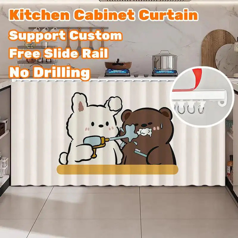 Rèm tủ dễ thương có đường ray trượt – Họa tiết động vật hoạt hình, Vỏ bồn rửa không rơi cho nhà bếp, Ống chống bụi & ẩn