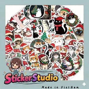 Set 60 Sticker Hoạt Hình mèo Noel Chống Nước Dán Laptop Vali Mũ Bảo Hiểm Sổ Tay