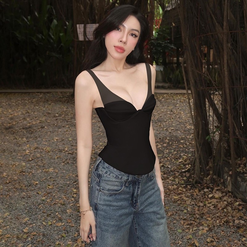 CuteNew Áo Vest Nữ Lưới Cổ Thấp Skinny, Phù Hợp Lễ Hội Âm Nhạc Mùa Hè, Thời Trang Cổ Điển Gợi Cảm