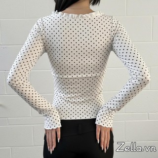Áo thun nữ thời trang thu, tay dài, cổ chữ vuông ren ruffled viền