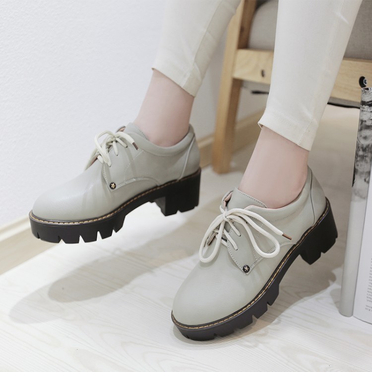 VNFF34-43 Kích Thước Lớn Mùa Xuân Phong Cách Mới Mũi Tròn Giày Gót Dày Phong Cách Châu Âu Mỹ Buộc Dây Giữa Động Cơ Thời Trang Đi Làm Giày Đế Dày