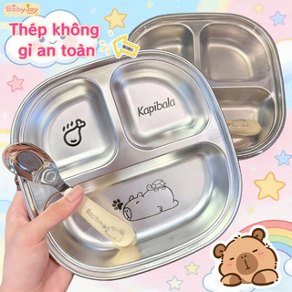 【BabyJoy】Khay ăn 3 ngăn hình Capybara cho bé, chất liệu inox cao cấp an toàn, kèm thìa inox, Thích hợp cho trẻ em