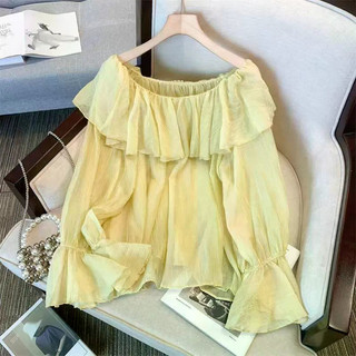 Áo sơ mi xếp ly cổ phẳng xù màu xanh kiểu Pháp xù kiểu dáng mỏng dáng rộng khí chất phù hợp với mọi trận đấu hàng ngày cho bé gái xuân thu mới hàng đầu hợp thời trang