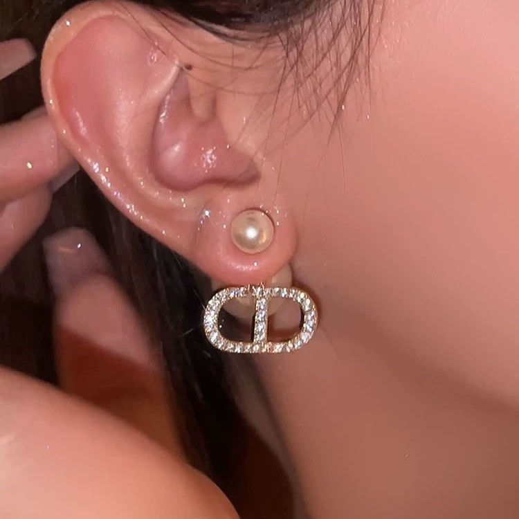 Bông tai ngọc trai và zircon hai mặt, phong cách Pháp, thiết kế sang trọng và khảm chi tiết