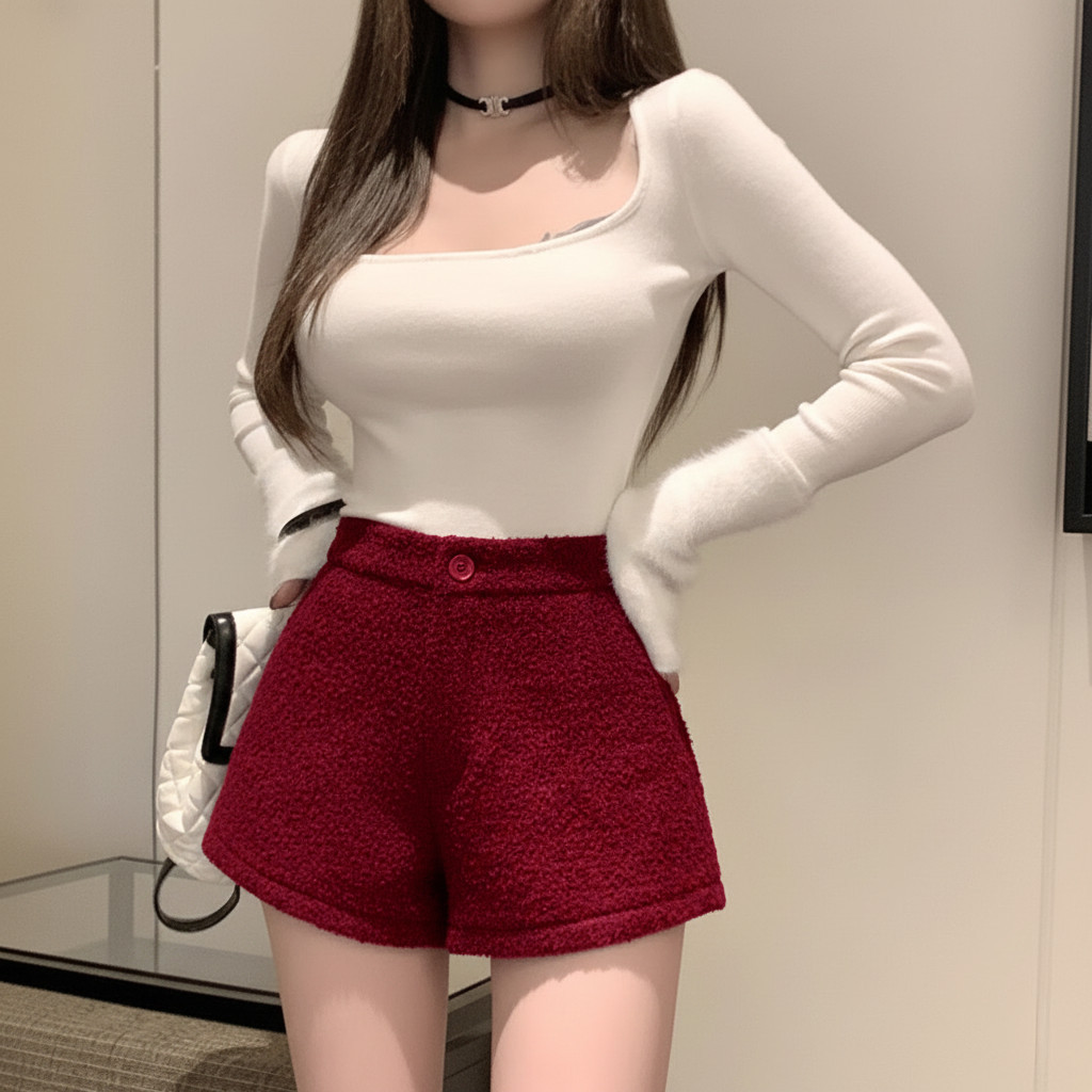 Quần Short Nữ BABEE Dáng Ngắn Lưng Cao Chất Lông Mềm Mịn Sang Trọng Quyến Rũ Phong Cách Hàn Quốc