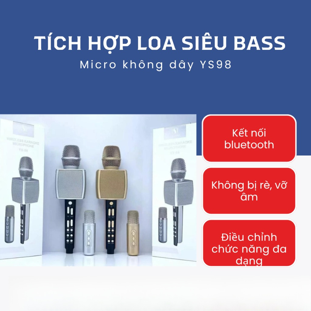 Micro Karaoke YS-98 Bluetooth Không Dây Loa Lớn Âm Thanh Chuẩn Kèm Mic Phụ Song Ca Siêu Hay