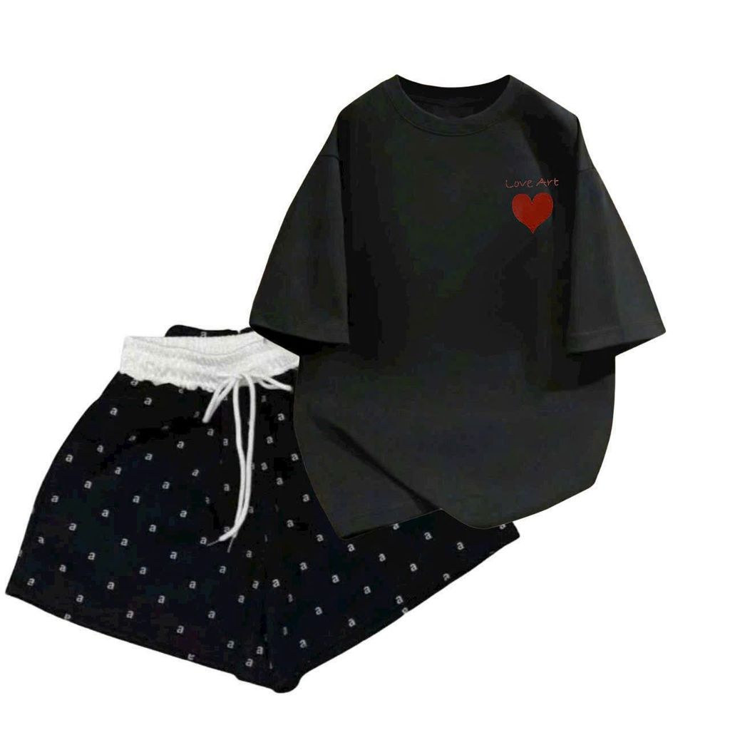 sét bộ đồ nữ quần đùi cộc cạp trắng chữ A + mix áo phông chữ LOVE ART  in n g ực-CHANG3158