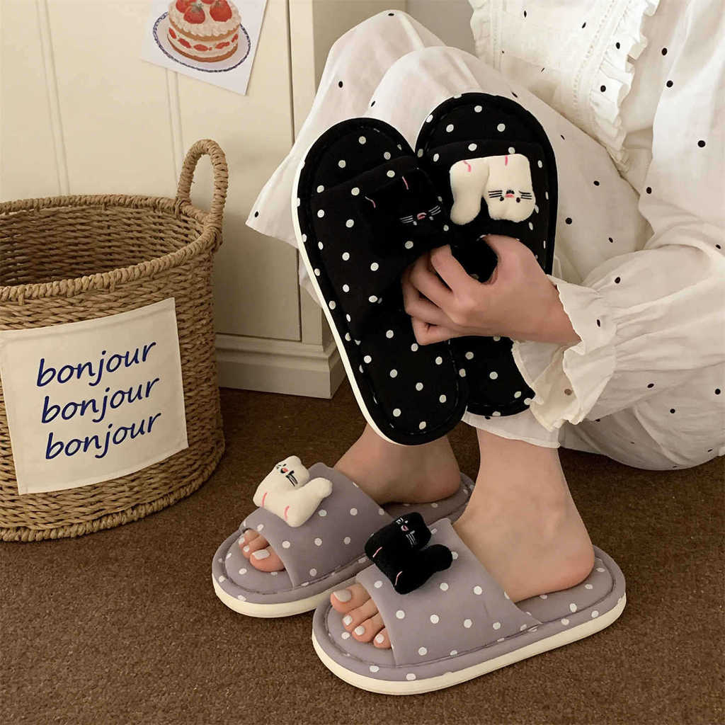 XIXITIAO Dép Nữ Cotton Đen Trắng Mèo Con Bốn Mùa Đa Năng Thoải Mái Nhà