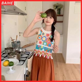 Áo len dệt kim BAIHECrop Top boho nữ, tua rua ngắn, thời trang không tay