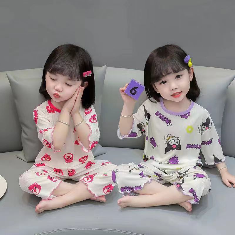 Bộ đồ ngủ hai mảnh lụa băng mỏng bé gái mùa hè thời trang mặc ngoài Loungewear 90-140 Size VVP2