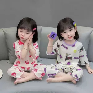 Bộ đồ ngủ hai mảnh lụa băng mỏng bé gái mùa hè thời trang mặc ngoài Loungewear 90-140 Size VVP2