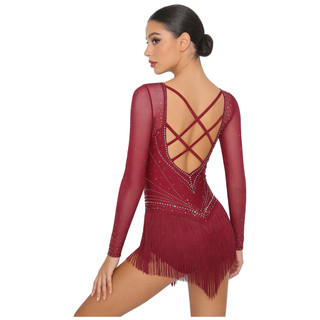 Yhong Nữ Khiêu Vũ Latin Kim Cương Giả Body Lưới Tay Dài Dây Đeo Mở Lưng Tầng Tua Rua Viền Leotard Áo liền quần Cho Hình Trượt Băng Tango Rumba Dance