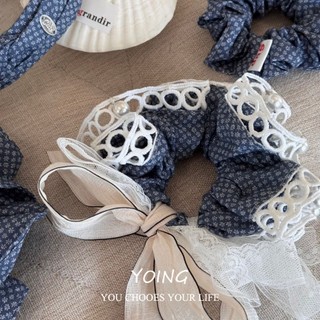 Scrunchy Tóc Ren Nơ Hoa Xanh Hải Quân, Chất Lượng Cao Cho Xuân Hè
