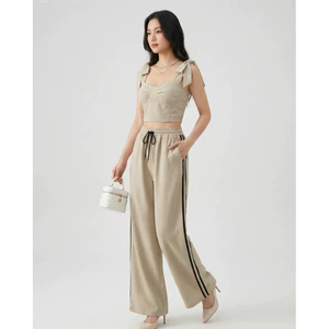 Set Áo Quần Kiểu Áo Corset Nhún Ngực Quần Lưng Thun Cột Dây Màu Be