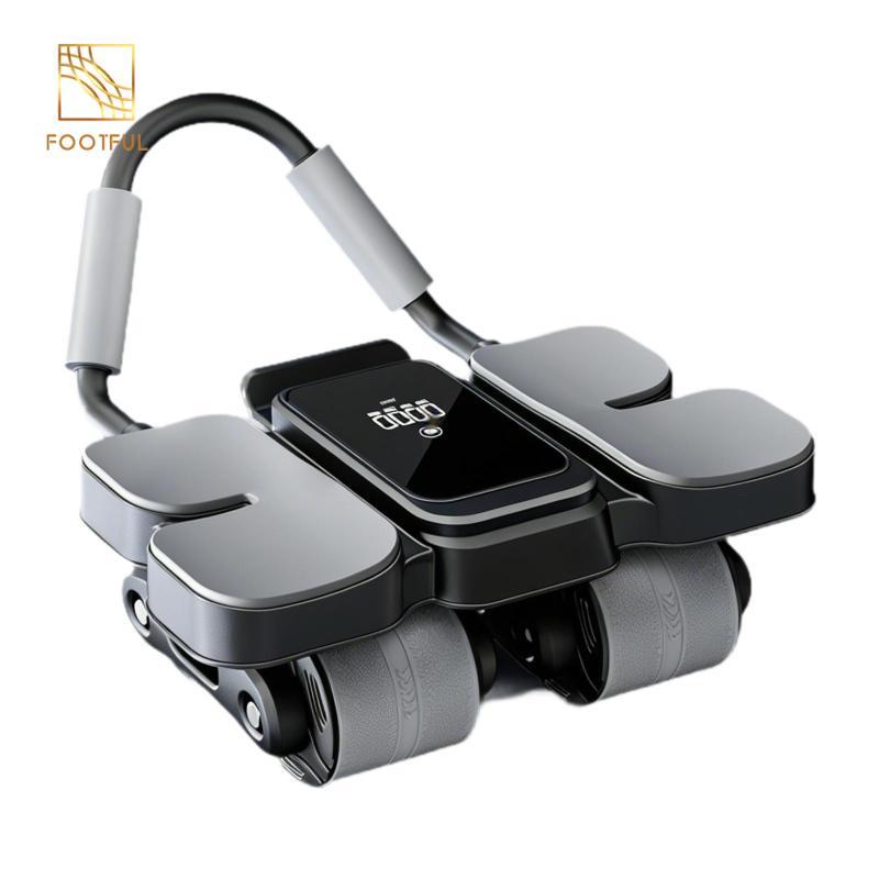 Thiết bị tập luyện bằng bánh xe lăn giúp tăng cường sức mạnh cơ bụng và có giá đỡ điện thoại để dùng tại nhà.