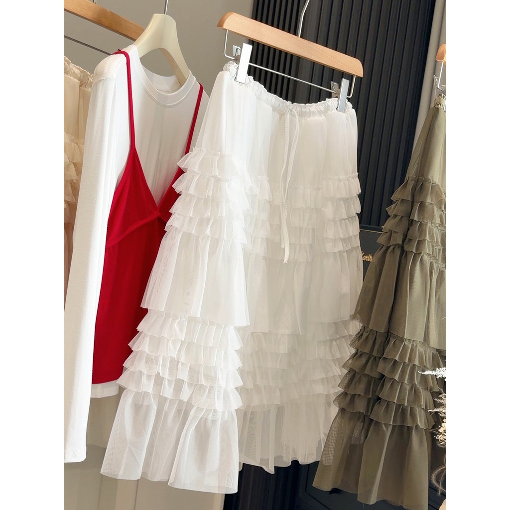 Váy Puff Layered Mùa Xuân, Phong Cách Hàn Quốc, Co Dãn Eo Viền Nữ