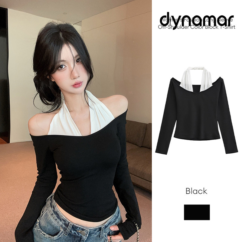 【dynamar】Áo thun nữ dài tay trễ vai phối màu, cổ yếm, chi tiết nhún bèo, dáng ôm.