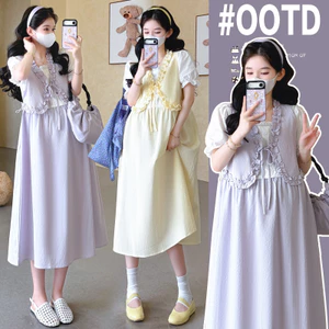 Trang phục bà bầu mùa hè Wash Cotton Plus Size Váy hai mảnh giả