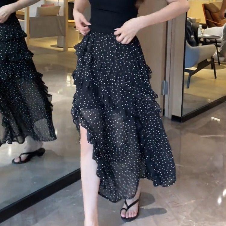 Váy chấm bi nữ dáng ôm thắt lưng co giãn màu đen, khuyến mãi mùa hè